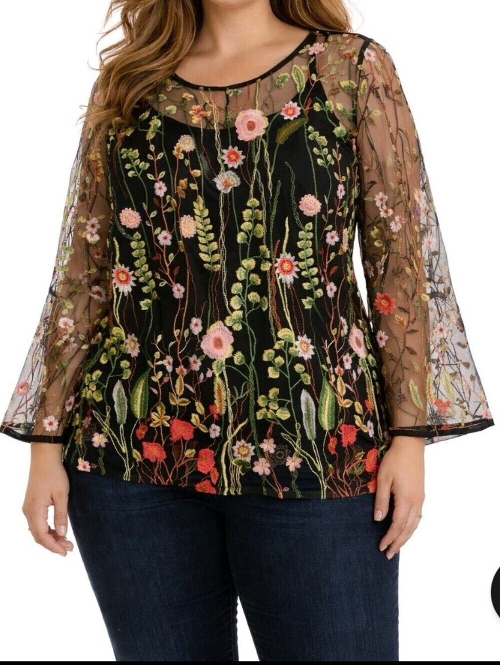 Adiva Black Sheer Top with Multicolor Floral Embroidery Whimsigoth Fairy Goth 1X